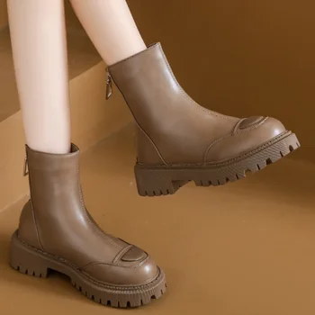 Обувки за жени, Топла разпродажба 2023 г., дамски ботуши с цип, зимни обикновена плюшена топли, удобни и водоустойчиви обувки Голи на среден ток
