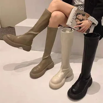Обувки на плоския обувки, Дамски обувки, Луксозни Дизайнерски обувки, Дамски Модни ботуши над коляното на висок ток с кръгло бомбе и мълнии, Есен 2023, Гума