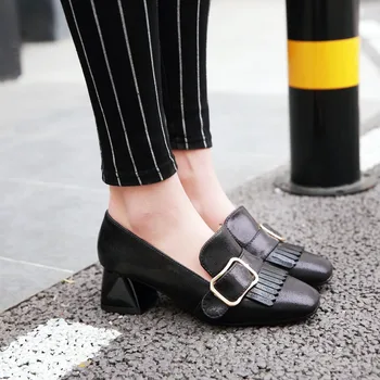 Обувки с квадратни пръсти на ток, Дамски обувки, oxfords, женски лоферы в британски стил с кожа, Ежедневни обувки, Универсално рокля от кожа