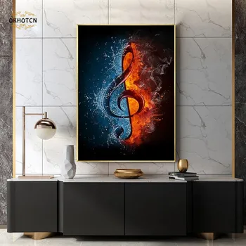 Плакат с абстрактна музикална нота, Музикална нота вода и огън, живопис върху платно, Абстрактни стенни щампи, Творчески картини, Ретро декор