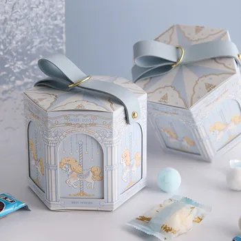 Подаръчни кутии Carousel 1бр Розово-Синята Хартиена кутия с размер на отворите кожена дръжка за детската душа, на партито по случай рождения Ден, Опаковъчни кутии за шоколадови бонбони