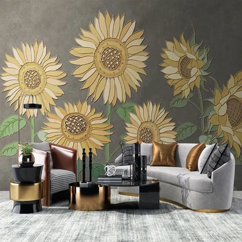 Потребителски 3D снимка, скандинавски просто растение, цветя слънчоглед, тапети за спалнята, хола, телевизора, мека мебел, нетъкан тапет