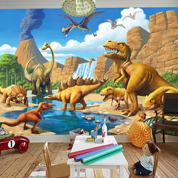 Потребителски размер 3D Мультяшная стенни стикер Декор на детска стая Детска градина на Открито с динозавром Тапети от дървесни влакна 3D Papel De Parede
