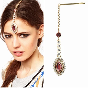 Прическа от блестящи розов кристал, верижка за коса с кристали и карфица, индийски бижута за коса за жени