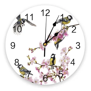Пролетния сезон Птица, Животно, Цвете Блум Розова Клонка Стенни часовници Кът за Ресторант на Кафе Декор Кръгли Стенен часовник Декорация на дома