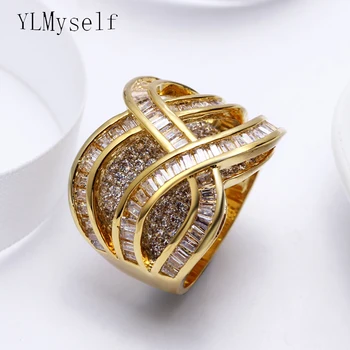 Пръстен от бели и златни цветове, подплатени светъл кристал на цирконий, кръстосани Линии, дизайн bijuteria feminina anelli, Модни бижута, голямо женски пръстен