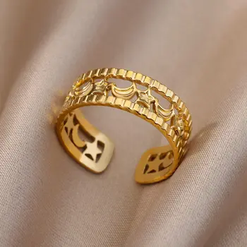 Пръстени във формата на звезди и Луната за жени, открити регулируеми двуслойни пръстени от неръждаема стомана, Реколта серия, Естетически сватбена украса anillos
