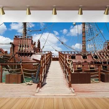 Ретро фон за снимки на Пиратски кораб, За да влезете в Пиратски кораб Синьо небе, Бели облаци на Фона на Лодката Декор за морски партита