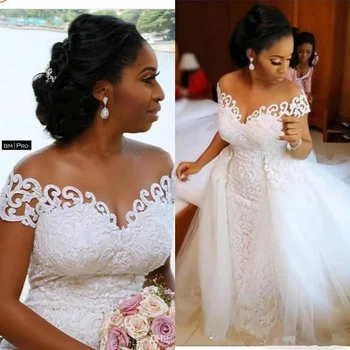 Сватбени рокли в Африка Нигерия стил с Русалочкой, Подвижна панделка, Лейси апликация, с Прозрачна рокля с открити рамене, Къс ръкав за младоженци