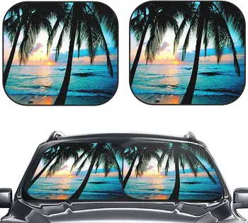 Сенника на предното стъкло на автомобила с палми на брега на морето, сгъваеми, 2 бр., Слънчеви очила за повечето слънчеви очила на предното стъкло
