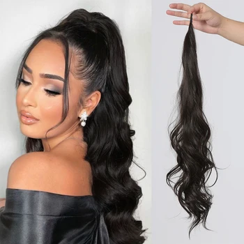Синтетичен дълга гъвкава връзка за удължаване на косата във формата на конска опашка за жени, черен Натурален вълнообразни изкуствена коса за ежедневна употреба под формата на cauda equina