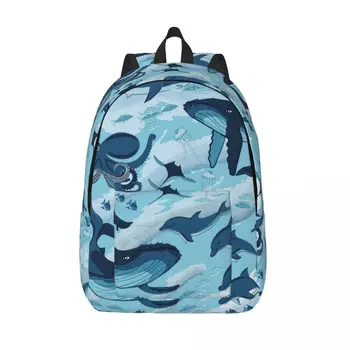 Студентски чанта, раница със сини китове и подводни риби, лека раница за родители и деца, чанта за лаптоп, за двойки