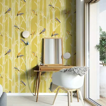 Тапети с Дизайн на Скандинавската Птици по Дърветата за Хол, Спални, аксесоари за Дома, Горски Клони на Бреза, Стенни Хартия, Рисувани Стенни Жълт Цвят