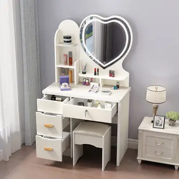 Тоалетка с огледало в модерен минималистичен стил С чекмеджета и табуретом Спалня Малък апартамент Проста Модерни мебели за съхранение с огледало