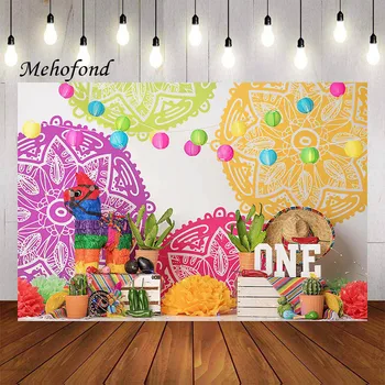 Фон за снимки Mehofond Мексиканска фиеста, Пъстри цветя кактус, декор за парти в чест на 1-ви рожден ден на детето, Подпори за фото студио