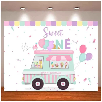 Фон за снимки в магазин за сладолед С 1 м, честит рожден Ден, Мили момичета, на фона на партита, балон, украса на маса за автомобилна торта