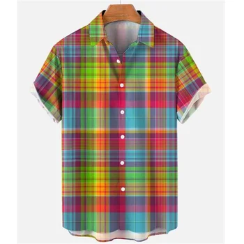 Цветна клетчатая риза с 3D принтом за мъже, модни хавайски ризи с къси ръкави, Плажна блуза, копчета, Горни мъжки дрехи