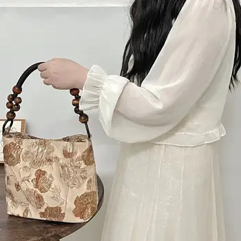 Чанта-тоут от жаккардовой плат с флорални модел в стил ретро, елегантната Нова реколта чанта-тоут с кръгла дръжка, тъкани от дървени мъниста в китайски стил