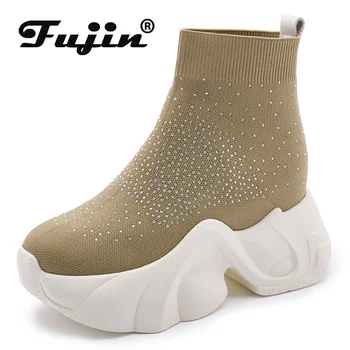 Чорап от еластична тъкан Fujin 8 см, вязаный, пролет-есен, дамски модни обувки с пайети, обувки на платформа и танкетке, слипоны на щиколотках, блестящи обувки